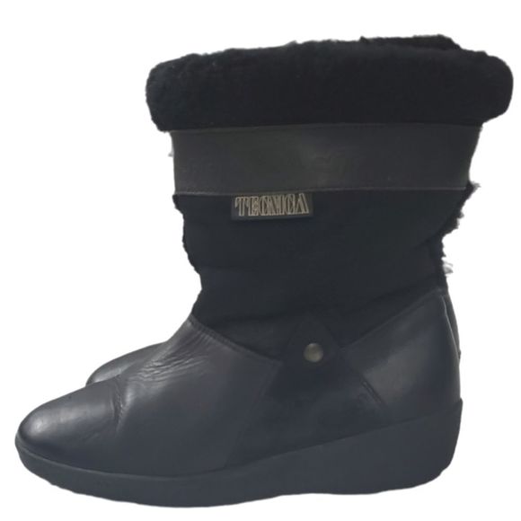 Tecnica Shoes - SOLD/////Tecnica Black Leather/Suede/Nubuck Shearling Lining Fur Trim Wedge Boot